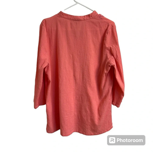 Appleseed’s Pink 3/4 Sleeve Crochet Lace V Neck Tunic Top Crinkle Women’s Lg - Picture 2 of 8